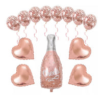 13 pcs Rose Gold balloons - featuring Champagne bottle and hearts