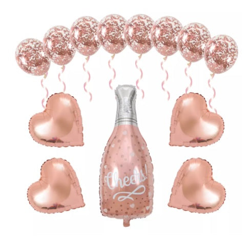13 pcs Rose Gold balloons - featuring Champagne bottle and hearts